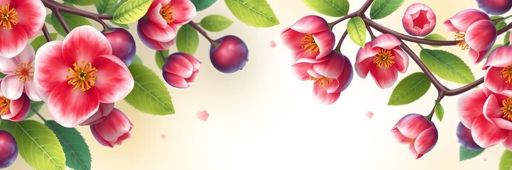 Fototapeta premium Vibrant spring festival banner with colorful plum flowers in full bloom, petals, plum flowers, festive