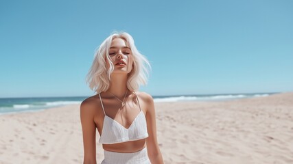Fototapeta premium Blonde Frau im weißen Bikini am sonnigen Strand. Lifestyle-Aufnahme mit natürlicher Ausstrahlung und Meeresstimmung
