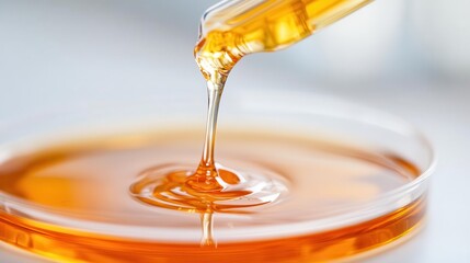 Liquid sorbitol dripping from a laboratory pipette into a petri dish, showcasing its viscosity and transparency