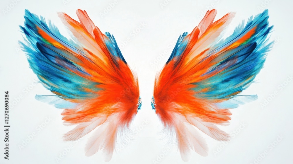 Poster a minimalistic composition of orange and blue feathers, arranged to create a symmetrical and harmoni