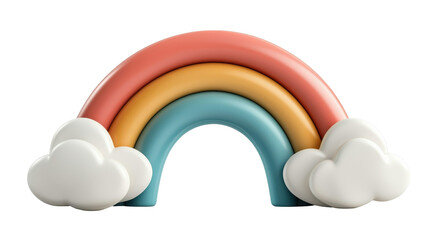 3D cartoon rainbow with white clouds on transparent background.