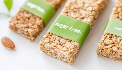 Healthy granola bars labeled as sugar-free, featuring sorbitol as a natural sweetener, arranged in eco-friendly packaging