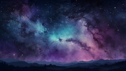 Fototapeta premium The Milky Way stretches over the dark mountains. Purple and blue cosmic clouds shimmered in the star-studded sky.