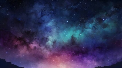 Fototapeta premium The Milky Way stretches over the dark mountains. Purple and blue cosmic clouds shimmered in the star-studded sky.