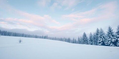Obraz premium Winter wonderland with snow covered trees, pastel skies, white background, photostock, holiday, magical