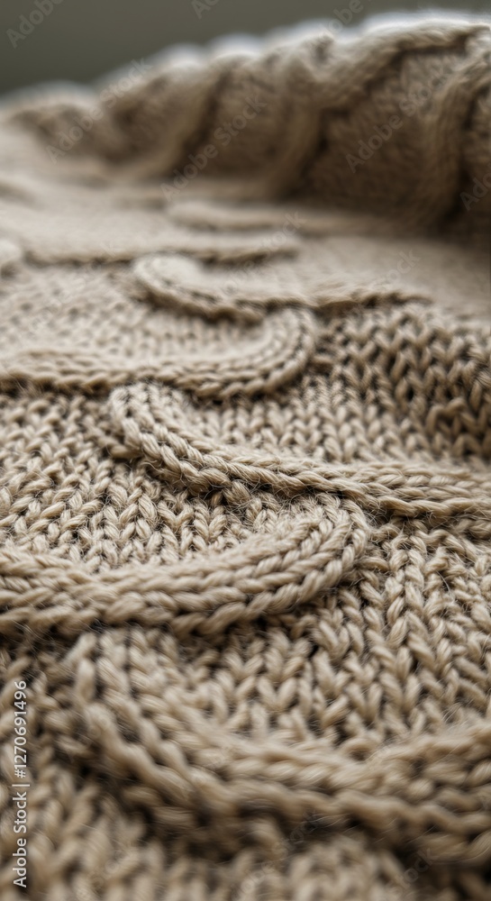 Poster close-up of intricate beige knitted fabric design with textured weave patterns