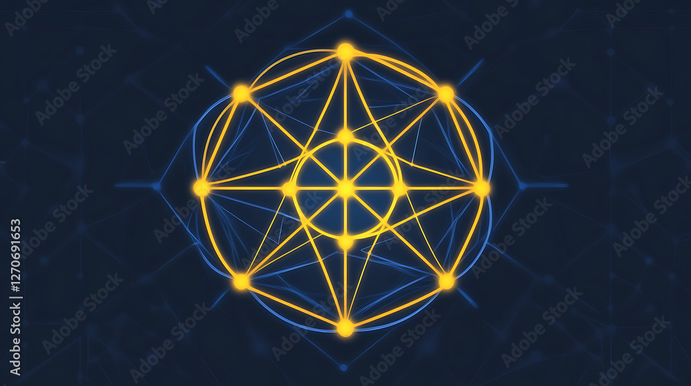 Poster geometric abstract with interconnected network of shapes and lines in glowing yellow and blue color 