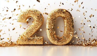 Glimmering Gold Number 20 Surrounded by Bright Confetti Ideal for Celebrating Milestones and Anniversaries in Festive Decorations and Invitations