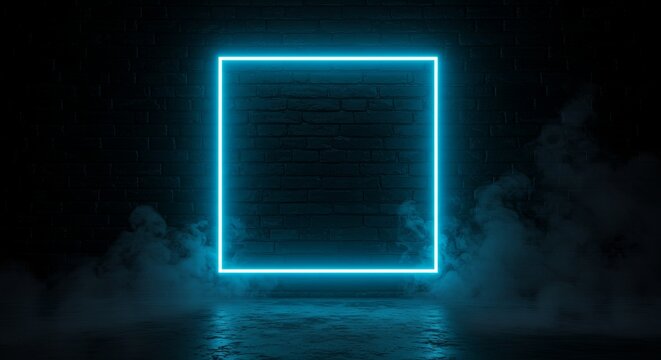 Glowing neon square against dark brick wall with smokey atmosphere