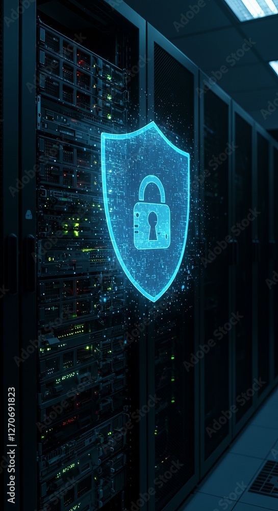 Poster cybersecurity in data center: shielded servers with digital lock hologram