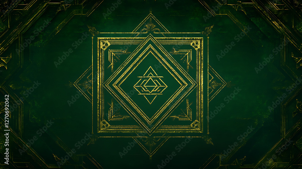 Poster geometric alchemy emblem with interlocking diamonds and intricate golden art deco elements on emeral