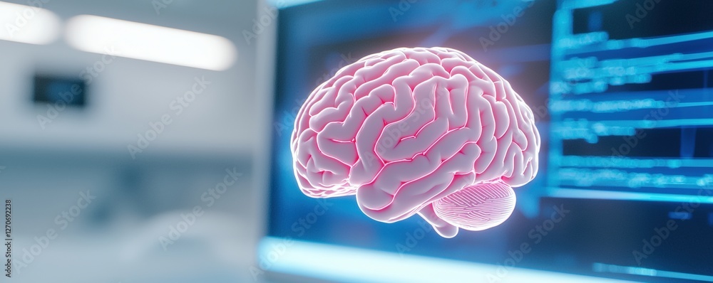 Poster a glowing brain model displayed on a digital screen, symbolizing neuroscience and advanced technolog