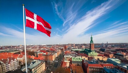 Danish flag and Copenhagen cityscape waving in the blue sky and wind.