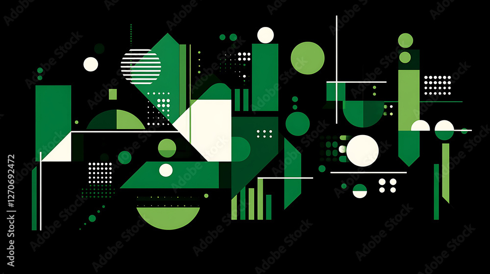 Poster geometric composition in green shades abstract art with circles triangles and rectangles design