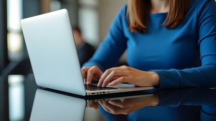 Fototapeta premium working on laptop, Closeup shot hands using laptop computer and internet, typing on keyboard, searching information, Freelancer copywriter working project, typing text, edit something. 