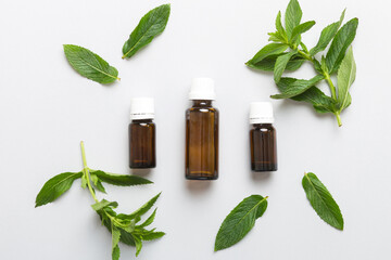 Natural Mint Essential Oil in a Glass Bottle. organic cosmetics with herbal extracts of mint on...