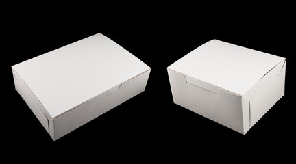 Side view white empty disposable paper fast food tray isolated on black background. Paper box isolated. Paper container