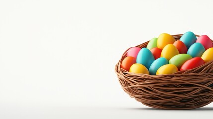 Fototapeta premium A vibrant basket filled with colorful Easter eggs, perfect for holiday celebrations and seasonal decorations.