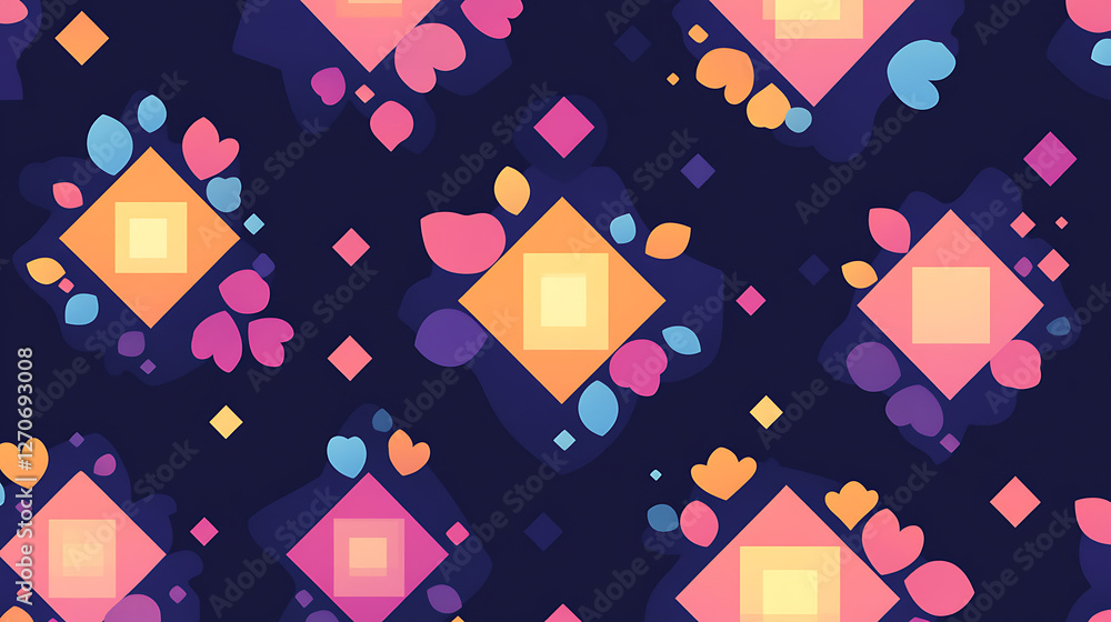 Poster geometric diamonds and hearts pattern with abstract floral elements in a repeating design