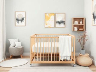 Stylish modern children's room with contemporary baby bed and colorful paintings, nursery, interior design, baby bed