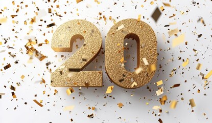 Golden Number Twenty with Sparkling Confetti on a White Background Celebrating Milestone, Anniversary, or Birthday Festivity