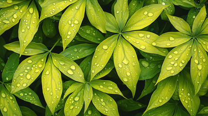 Fototapeta premium Dew-covered leaves in a natural setting Bright green leaves with tiny water droplets scattered across the surface.