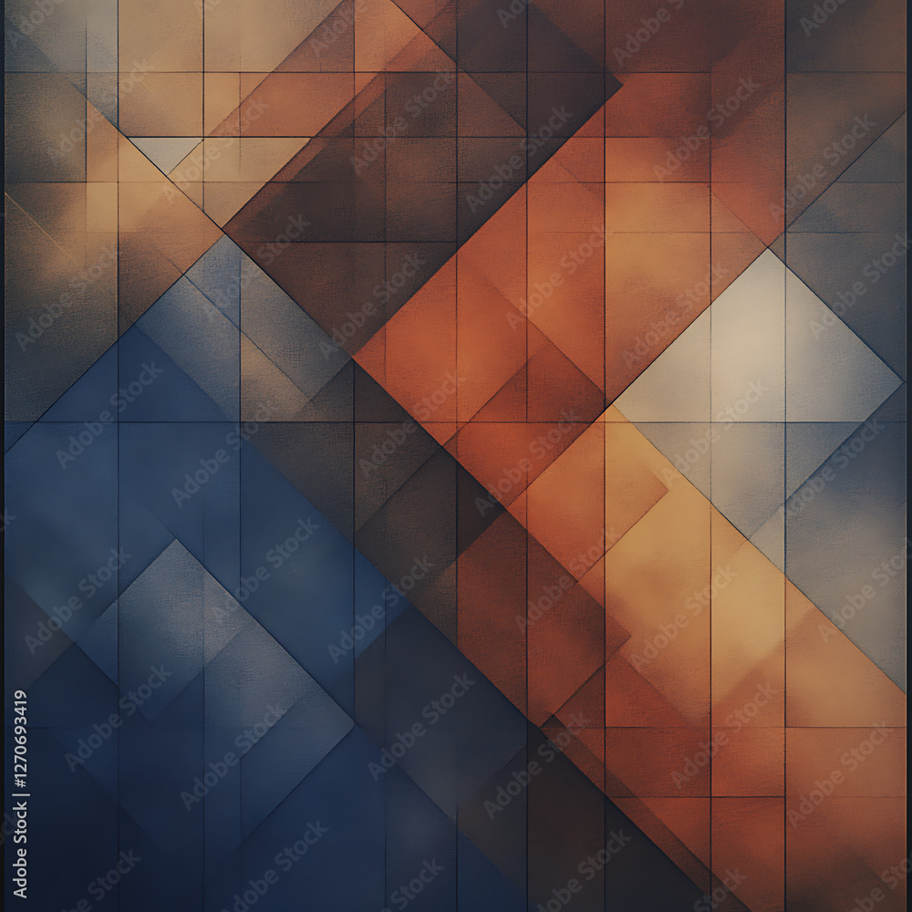 Poster geometric forms blend hues and shadows in modern abstract art composition with detailed grid texture