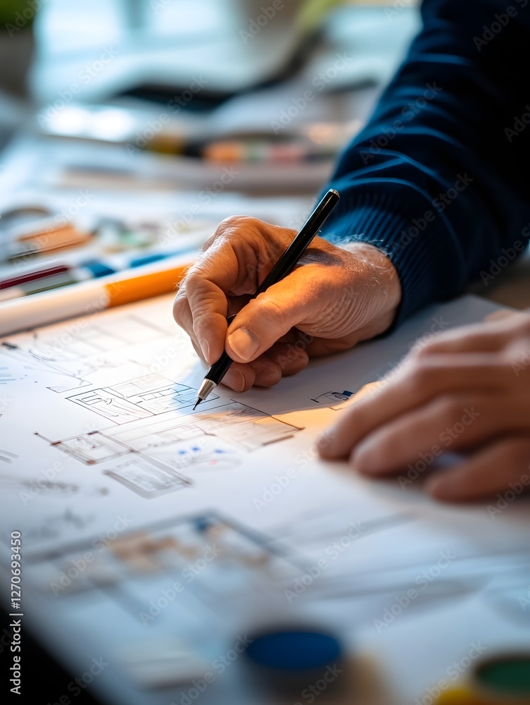 Poster hands sketching glowing event floor plan on worktable with decor samples and timelines