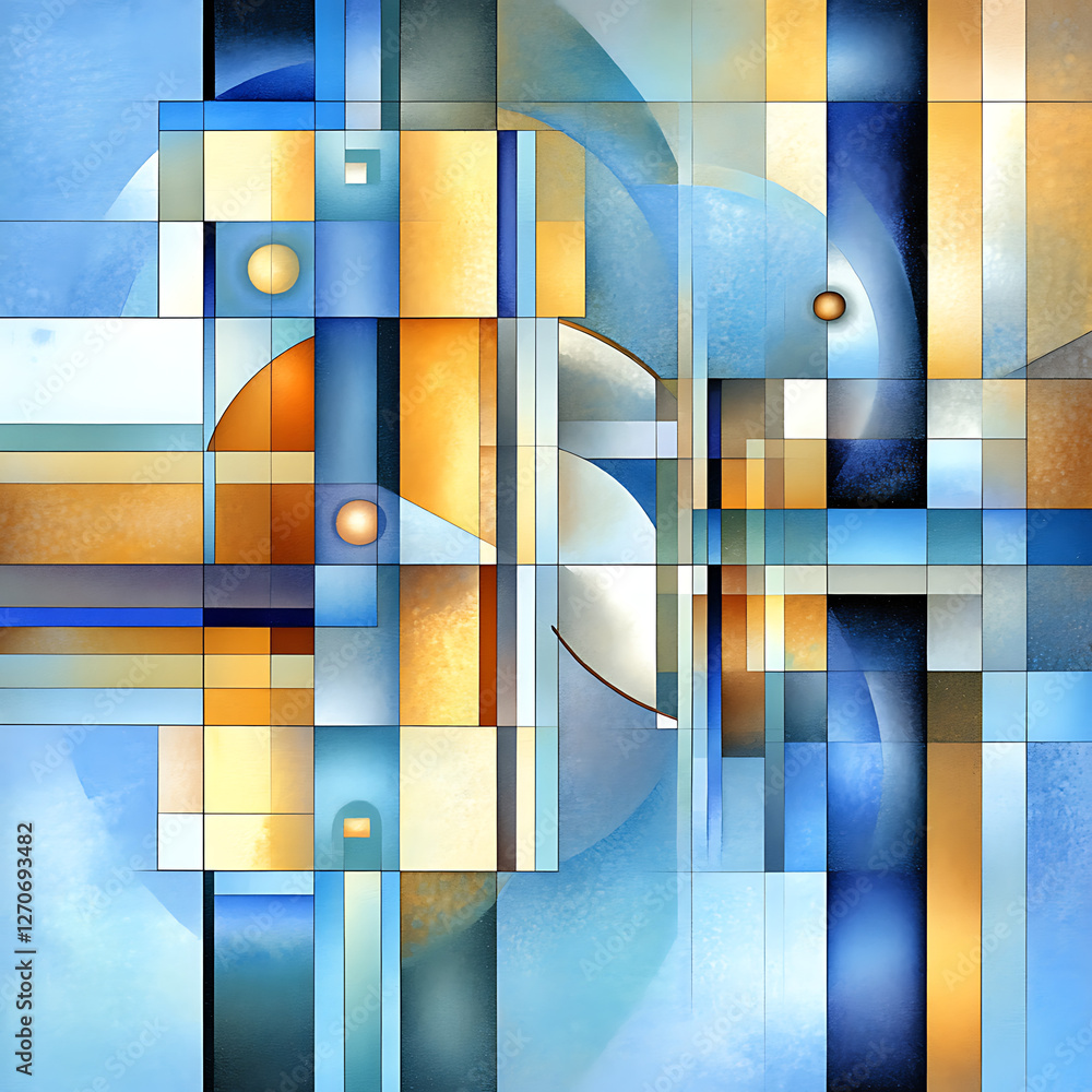 Poster geometric harmony in blue and gold abstract composition with circles and rectangular structures