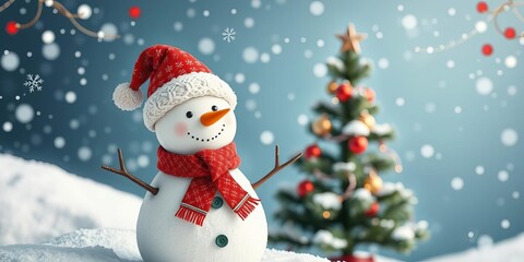 Fototapeta premium Snowman with red scarf and hat standing near Christmas tree in snowy landscape, winter, greetings, banner