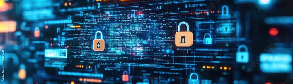 Poster a rusty padlock hanging on a digital screen symbolizing security and privacy in a modern technologic