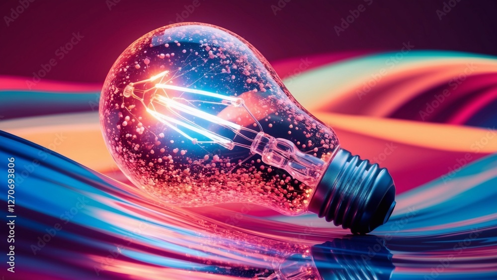 Poster a vibrant double exposure image showcasing a glowing light bulb filled with digital particles, set a
