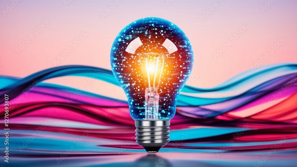 Poster a vibrant double exposure image showcasing a glowing light bulb filled with digital particles, set a