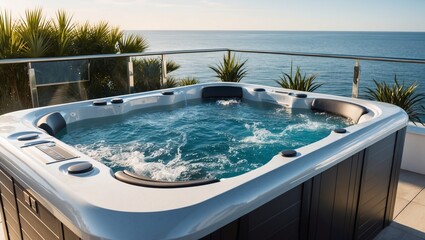 Obraz premium Luxurious hot tub with bubbling water and sleek modern design, creating a perfect setting for relaxation, wellness, and hydrotherapy, Generative AI