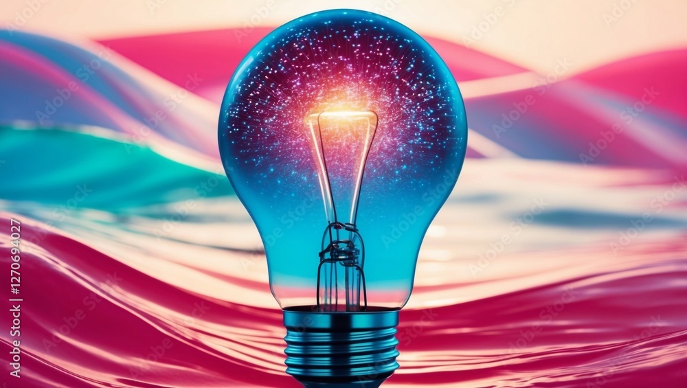 Poster a vibrant double exposure image showcasing a glowing light bulb filled with digital particles, set a