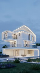 Fototapeta premium Modern futuristic architecture: innovative curved facade home at dusk