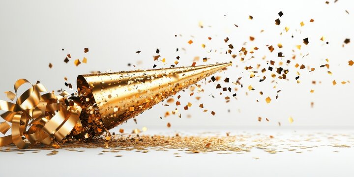 Shimmering party horn with golden confetti bursting in motion, celebrating joyous occasions and festive gatherings with excitement and elegance