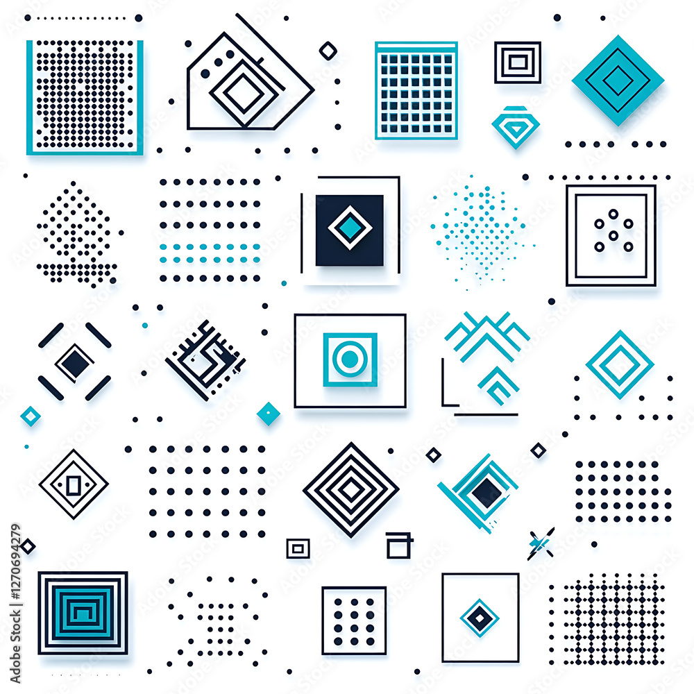 Poster geometric motif composition with squares and diamonds in modern design arrangement style