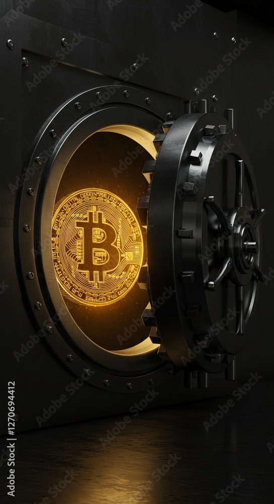 Poster open vault with glowing bitcoin symbol reflecting cryptocurrency security and blockchain technology