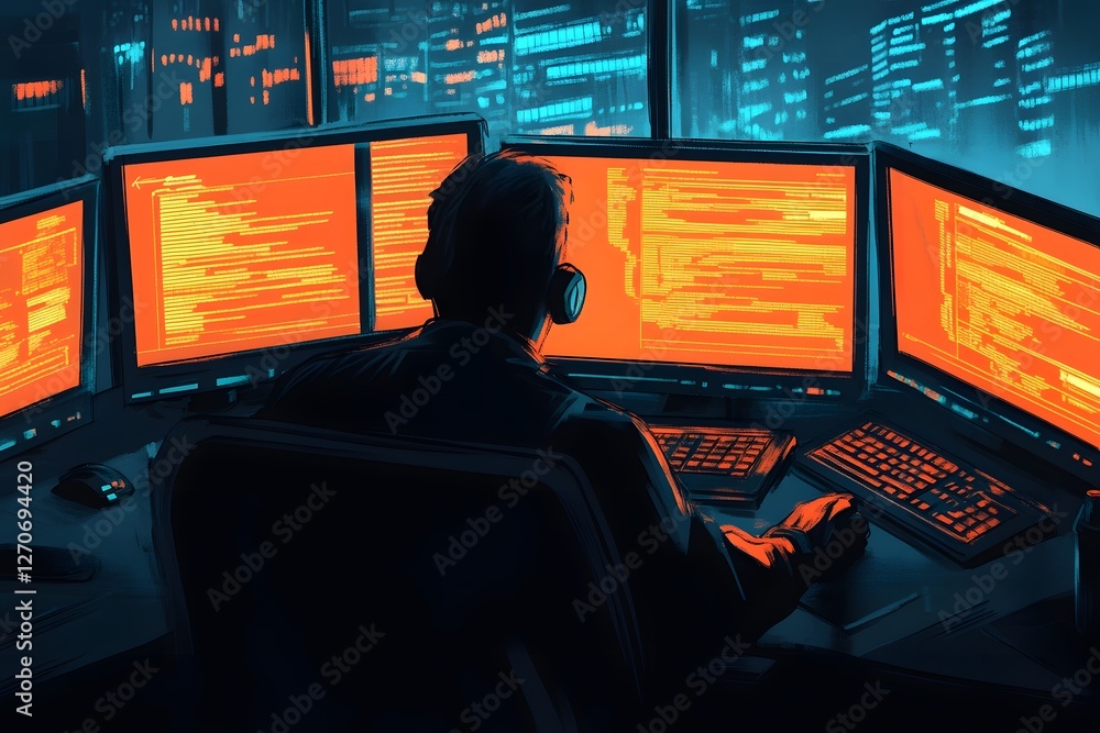 Poster tech support team assisting clients remotely with glowing monitors