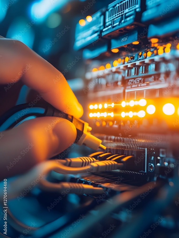 Poster plugging cables into a computer motherboard glowing diagnostic tools highlighting connectivity and