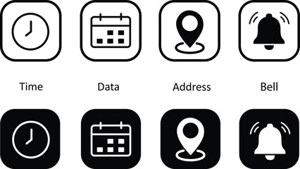 Date time and location address icon set for streamlined event and info white Black