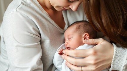 Newborn baby holding mother's hand in a close up shot, bonding, mother, family