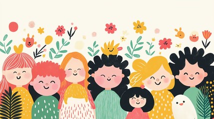 Cheerful children surrounded by flowers.