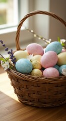 Vibrant pastel easter eggs in rustic basket with spring flowers near sunlit window