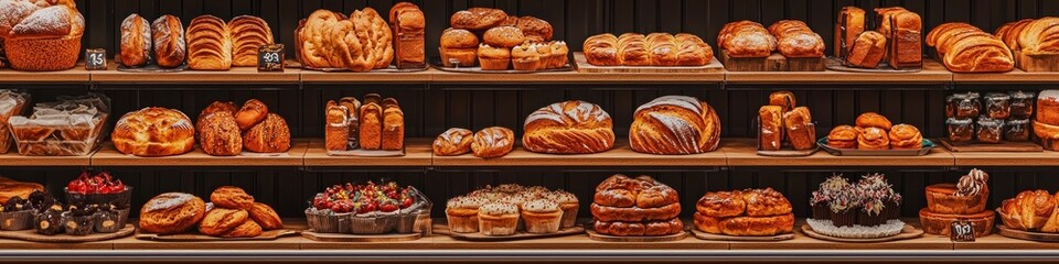 A close-up of a grocery store bakery section with freshly baked bread, pastries, and cakes.