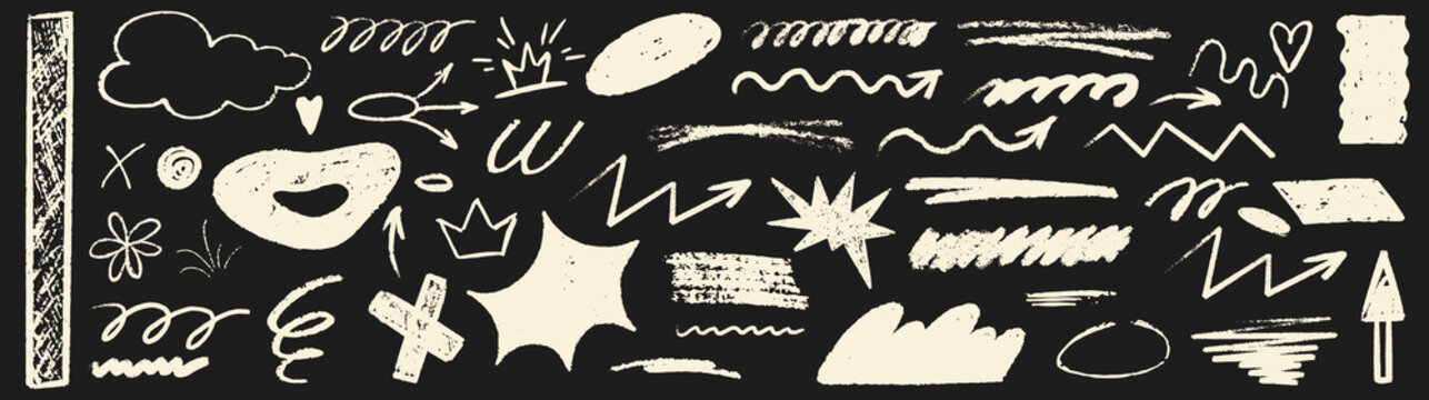 Line curve with texture crayon chalk. Scribble hand drawn set underline white on black background. Underline curve crayon chalk set, Vector illustration
