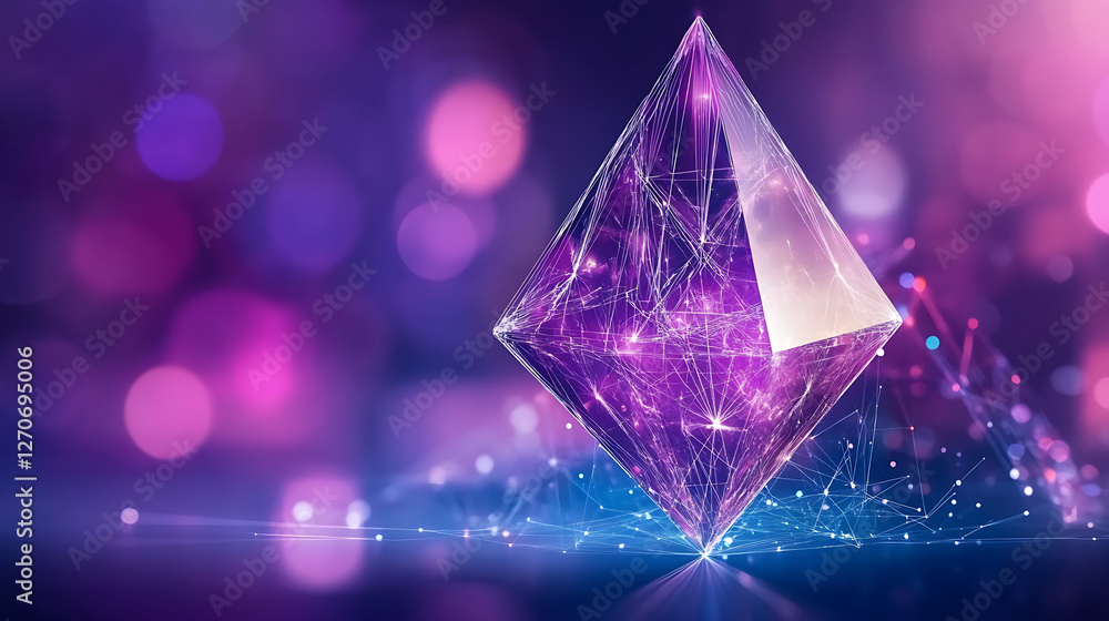 Poster geometric prism network on abstract bokeh backdrop digital rendering technology
