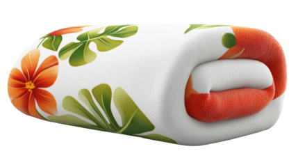 Colorful floral towel with orange and green design rolled neatly for display.