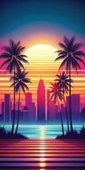 A vibrant synthwave cityscape with a tropical sunset, neon colors, palm trees, and retro-futuristic vibes, perfect for mobile screens.